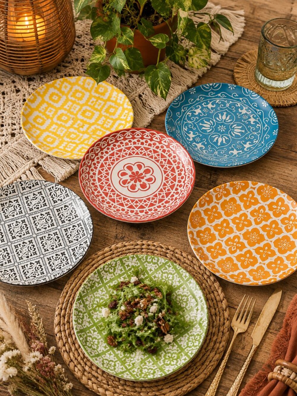 AHX Moroccan Boho Ceramic Salad Plates Set of 6 8 Inch Multicolor New